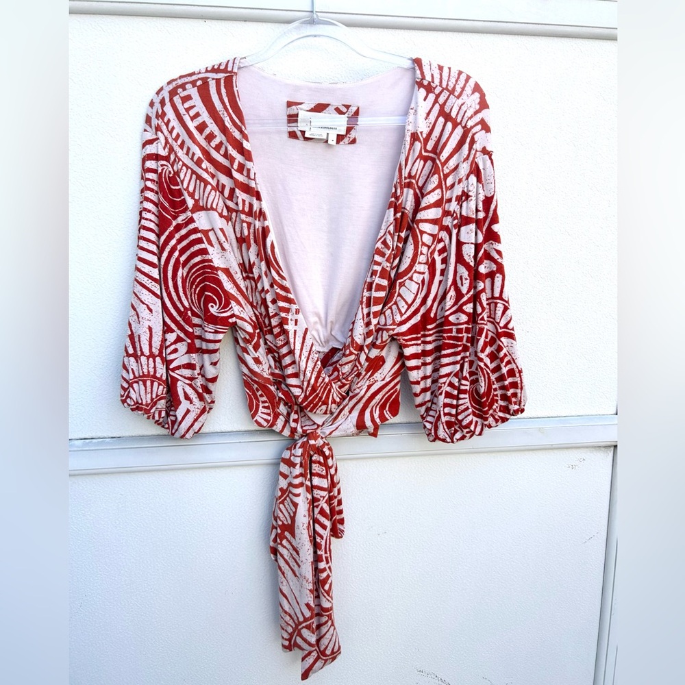 By Anthropologie Top Women M Bodhi Wrap Cropped Tie Front Orange White Tropical - Picture 3 of 10
